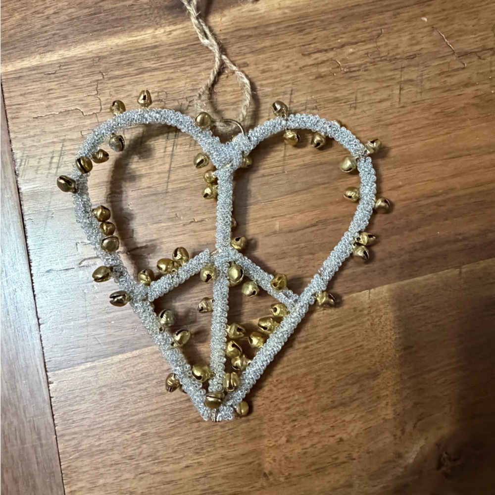 Clear beaded peace sign heart ornament with gold bells